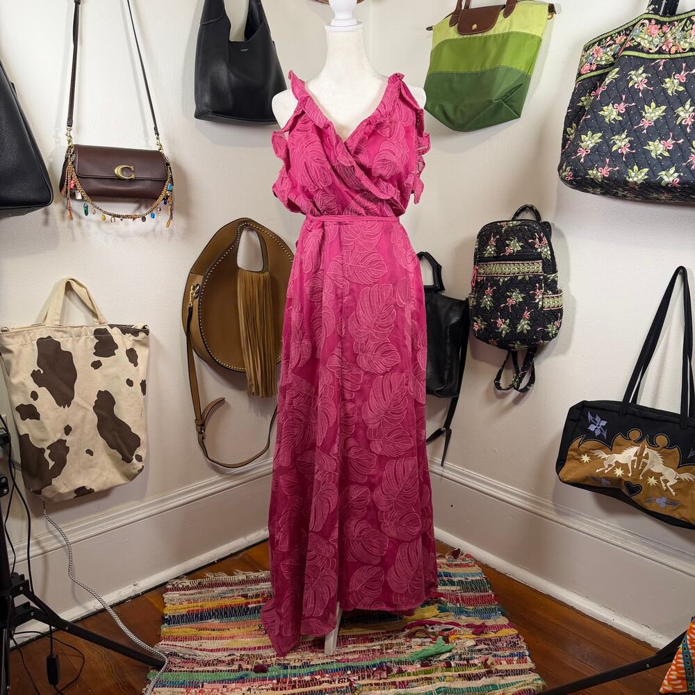 Hutch Anthropologie Pink Monstera Embroidered Wrap Maxi Dress L